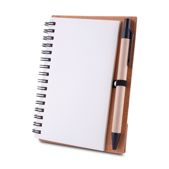 Caderno papelão reciclado + caneta personalizada