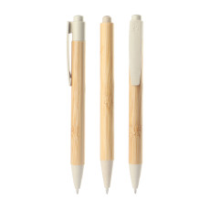 Caneta plástico/bambu + estojo kraft personalizado