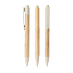 Caneta plástico/bambu + estojo kraft personalizado