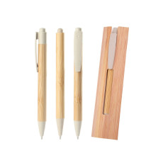 Caneta plástico/bambu + estojo kraft personalizado