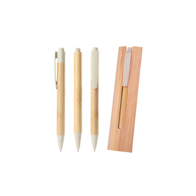 Caneta plástico/bambu + estojo kraft personalizado