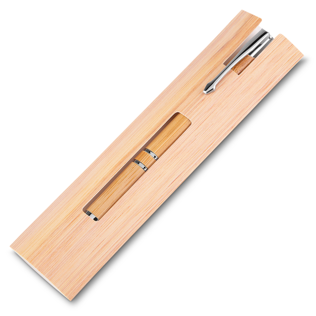 Caneta bambu + estojo kraft personalizada