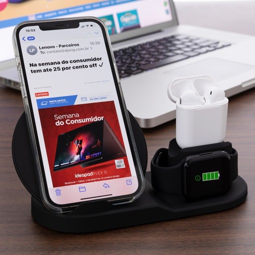 Estação De Carregamento 3 Em 1 Para Celular, Smartwatch E Fones Tipo Airpods Estação De Carregamento 3 Em 1 Para Celular, Smartwatch E Fones Tipo Airpods