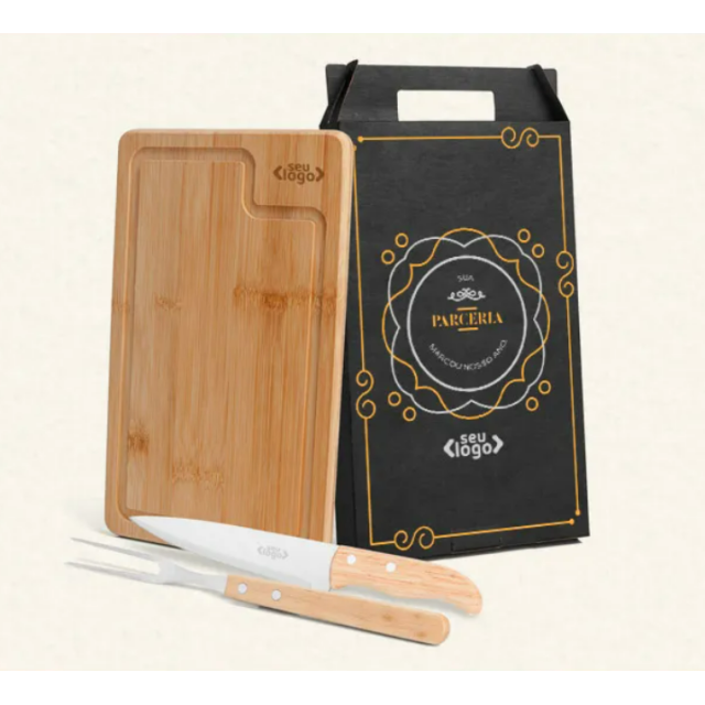 Kit churrasco em bambu/inox/madeira 3pçs personalizado