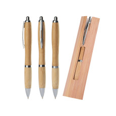 Canetas bambu/metal + estojo kraft personalizada