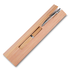 Canetas bambu/metal + estojo kraft personalizada