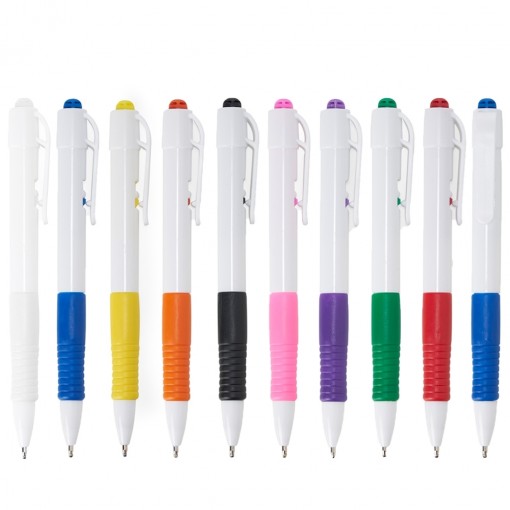 Caneta Plástica Branca Com Detalhes Coloridos Personalizada Para Brinde Caneta Plástica Branca Com Detalhes Coloridos Personalizada Para Brinde